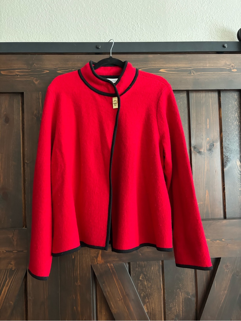 Calvin Klein Red Jacket Cardigan Sweater with Black Trim and Gold Hardware Large